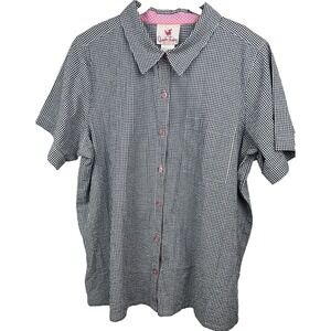 Quacker Factory Womens Blouse 1X Black White Gingham Pink Button Down Cotton
